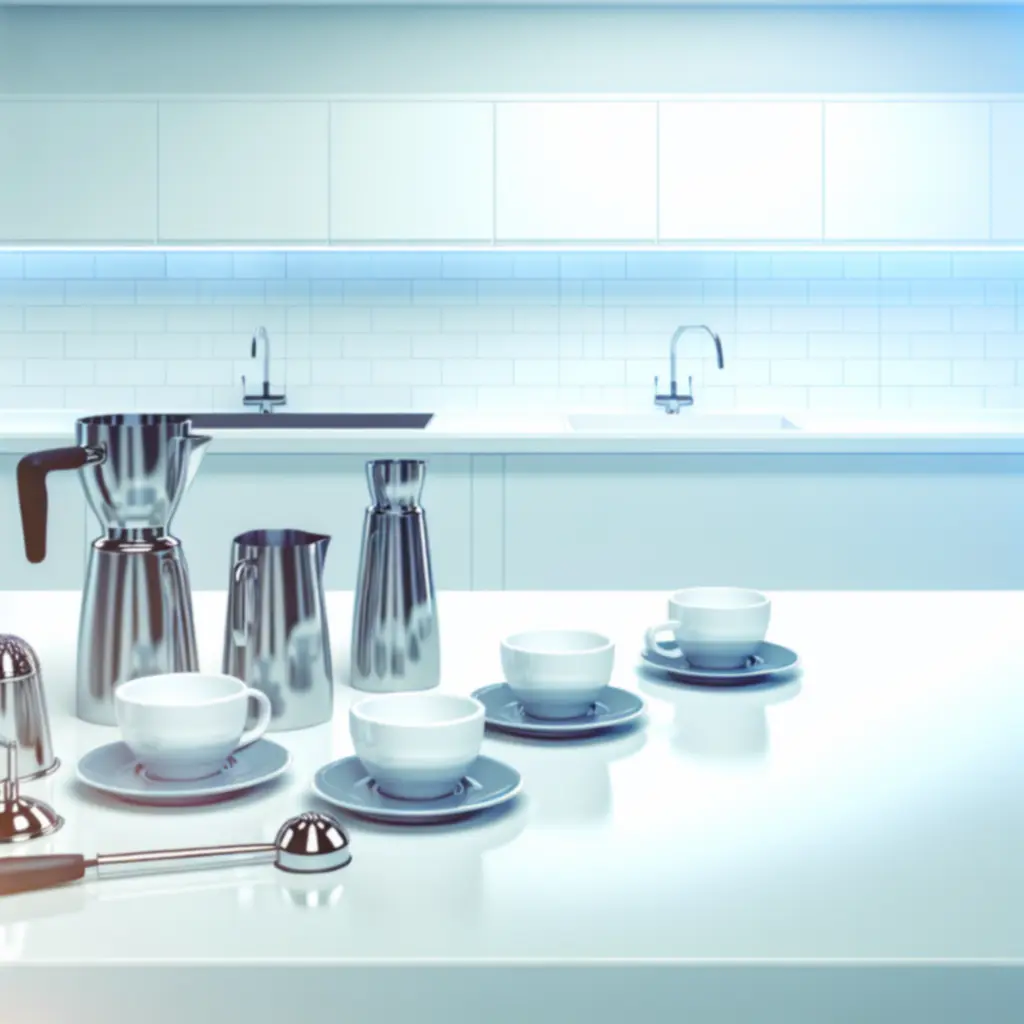 Barista accessoires zoals melkopschuimers, bekers en tools voor kantoor