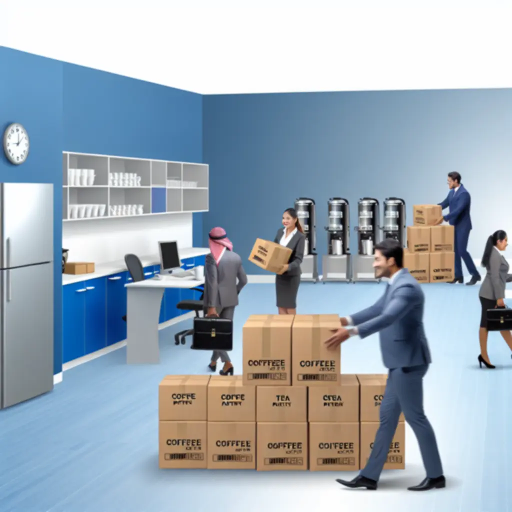 Bulkbestelling van kantoorbreakroom-voorzieningen die wordt geleverd bij een bedrijf.
