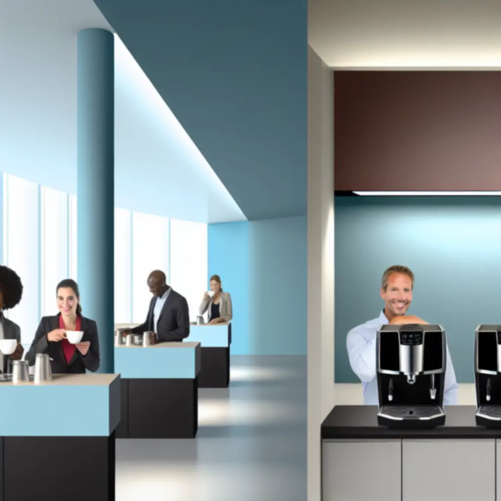 Moderne kantoor pantry met koffiehoek, koffiemachines en medewerkers die genieten van koffie