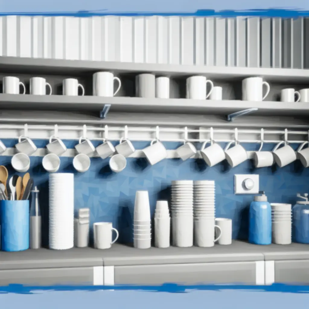 Koffiebekers, porseleinen kopjes en disposables netjes gerangschikt in een kantooromgeving.