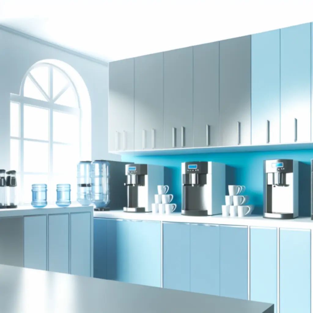 Moderne kantoor-breakroom met koffie, thee en supplies overzichtelijk uitgestald.