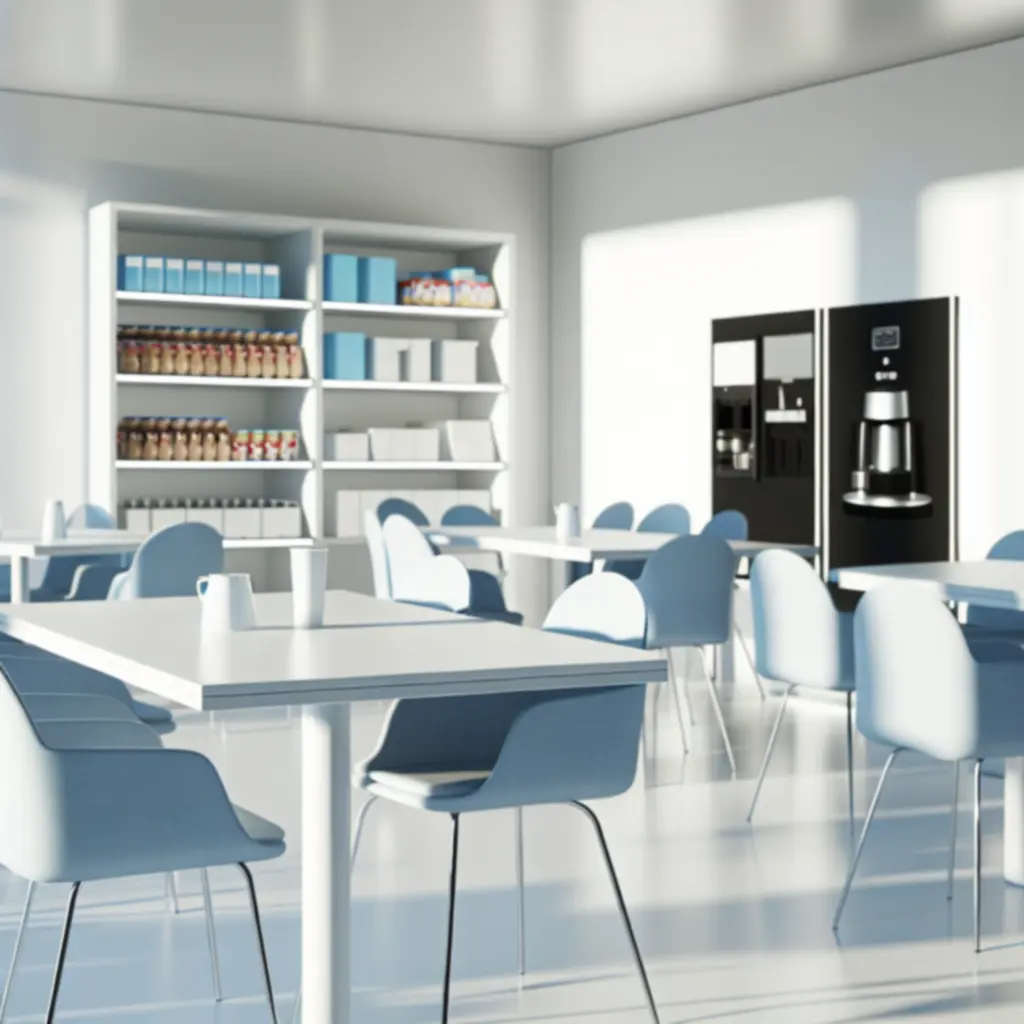 Moderne kantoor keuken en breakroom ingericht met koffiecorner en pantrybenodigdheden.