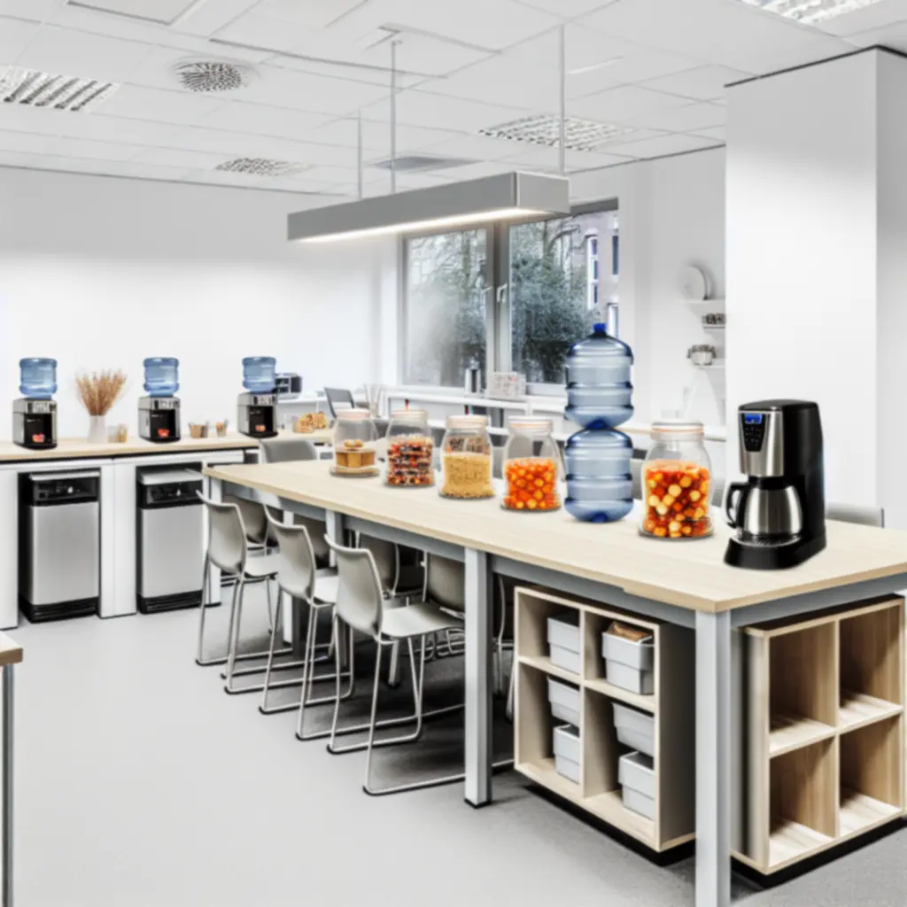 Moderne kantoor-keuken met georganiseerde voorraad en koffiemachines.