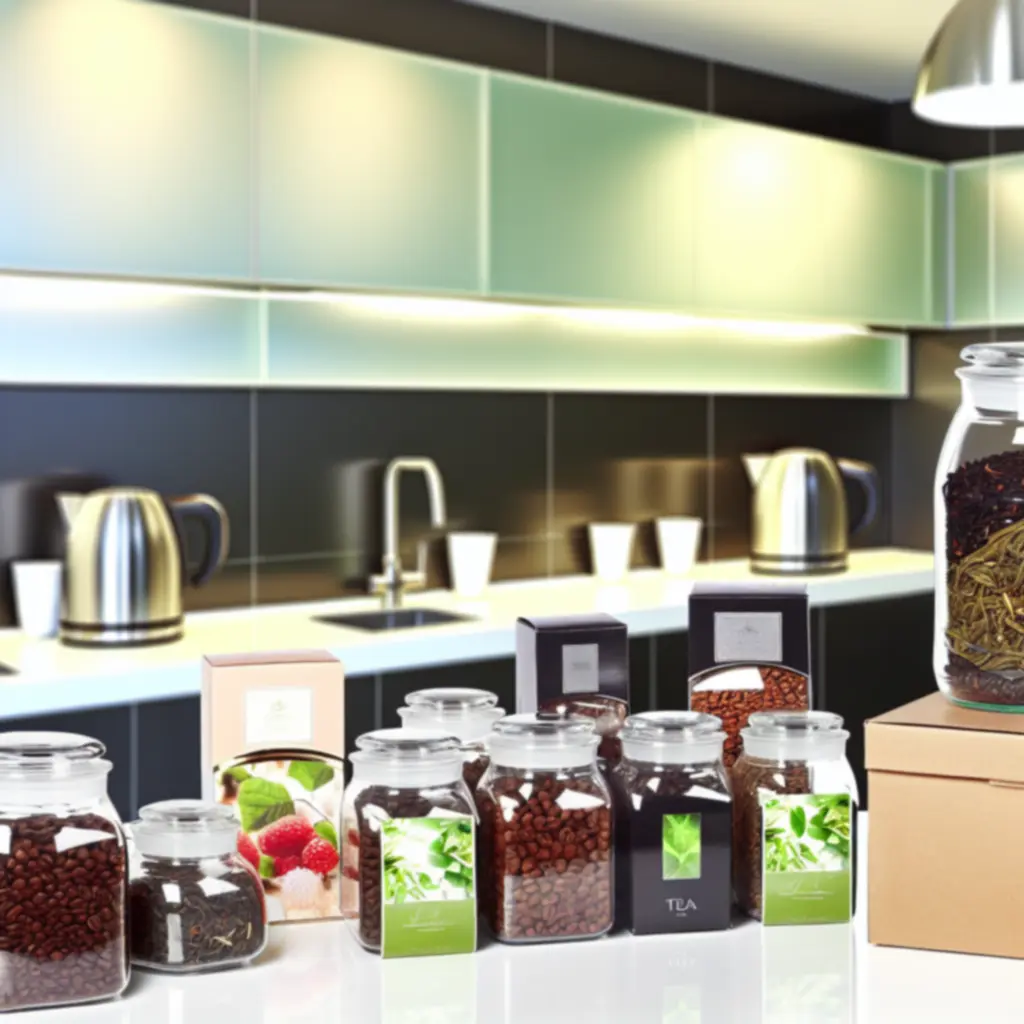 Premium koffie- en theeselectie gepresenteerd in een moderne kantoorbreakroom.