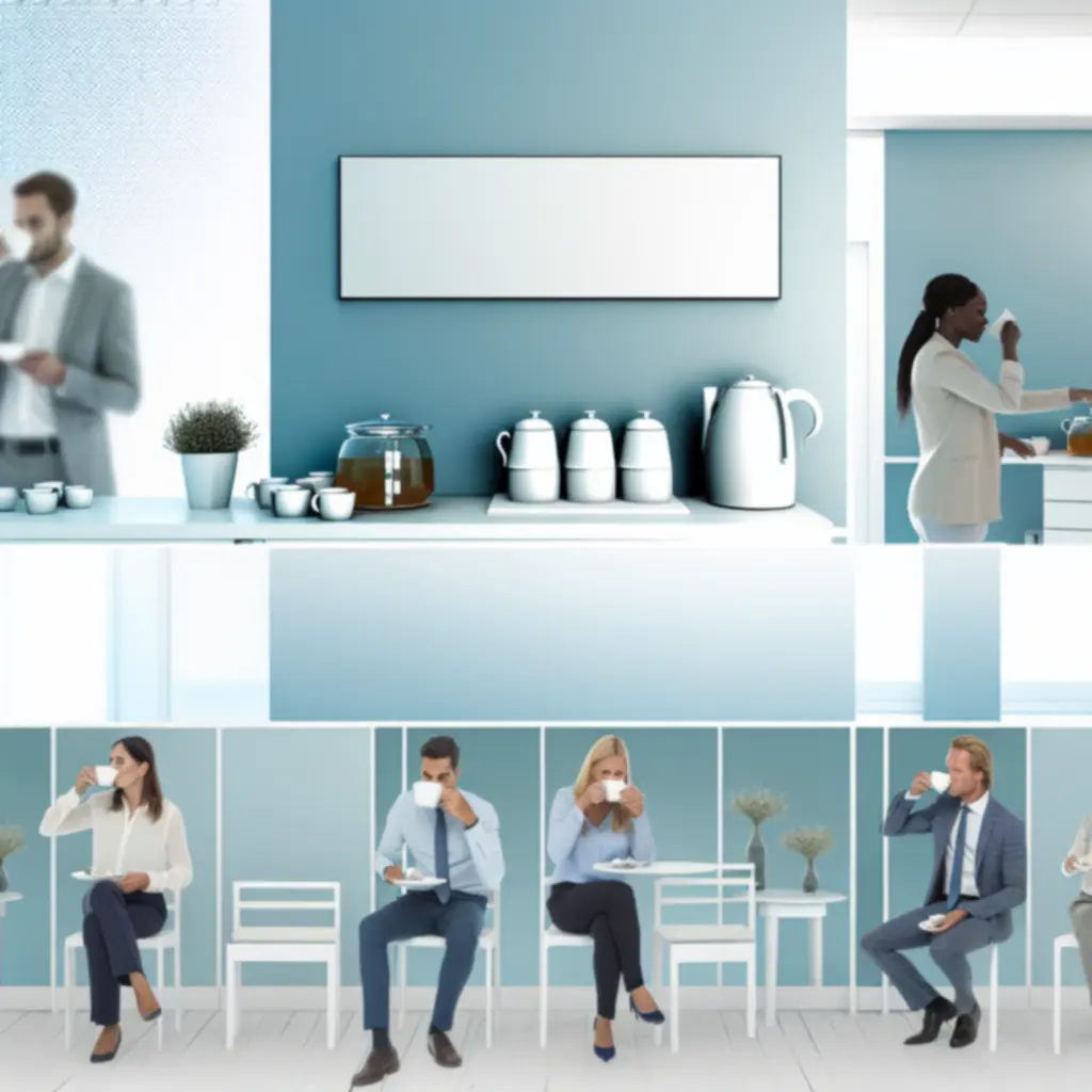 Kantoorwerkplek met theepauze en verschillende theesoorten op een tafel