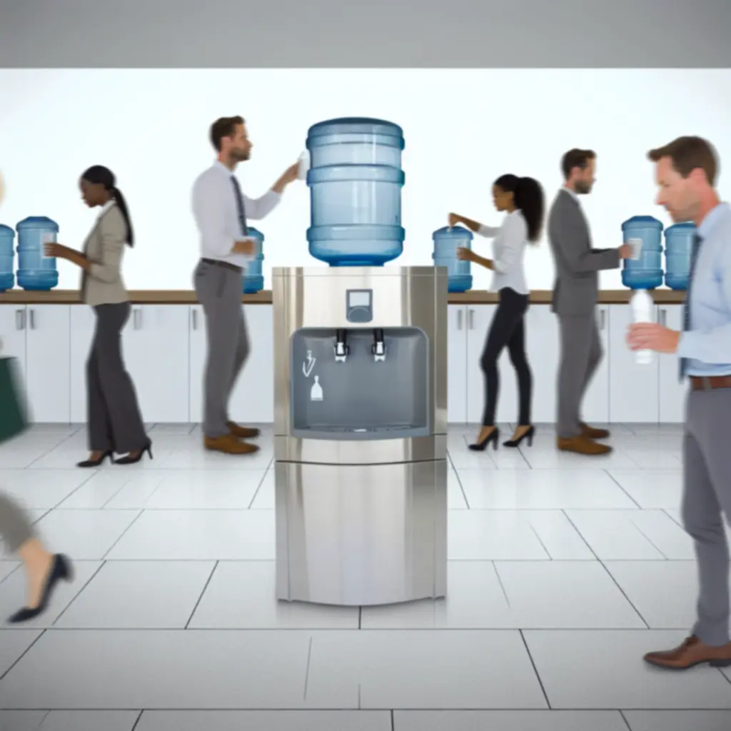 Moderne waterkoelers en wateroplossingen in een lichte kantoorruimte.